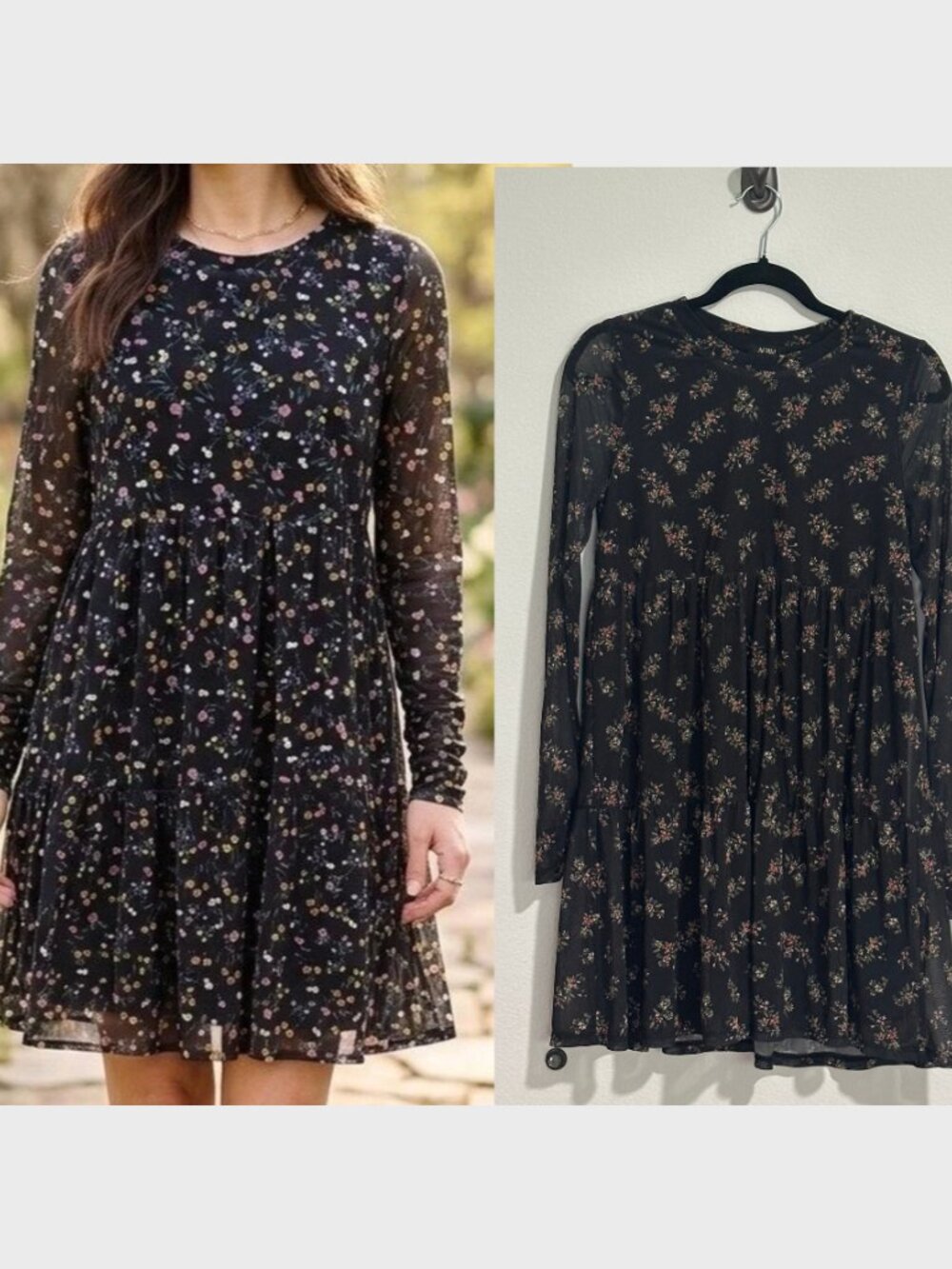 AFRM Black Floral Mesh Long Sleeve Babydoll Mini Dress - Size M